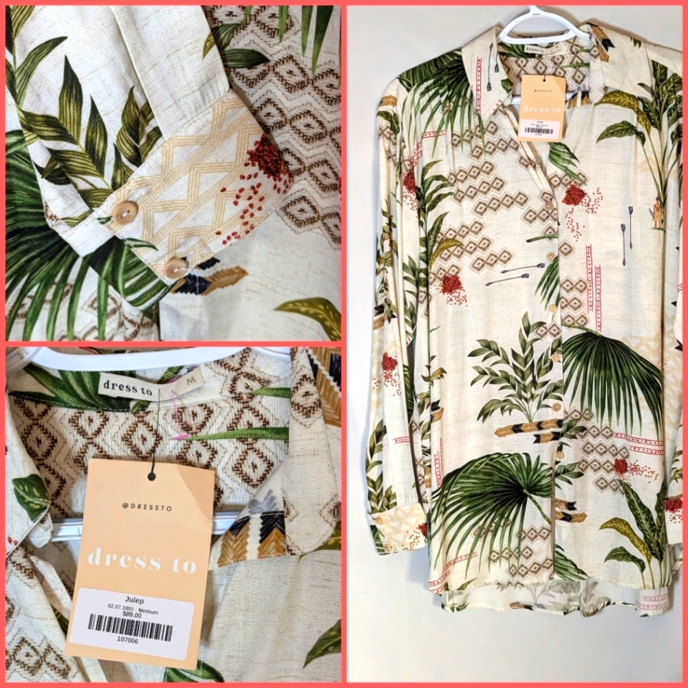 Dress To tropical print blouse long sleeves tunic lenght cream green tan New szM